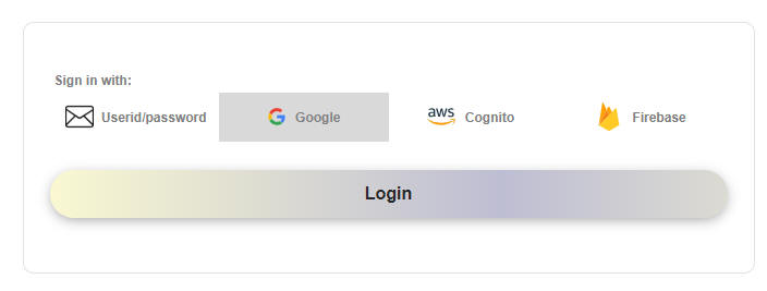 Login component with Google selected (User ID and Password prompts hidden).